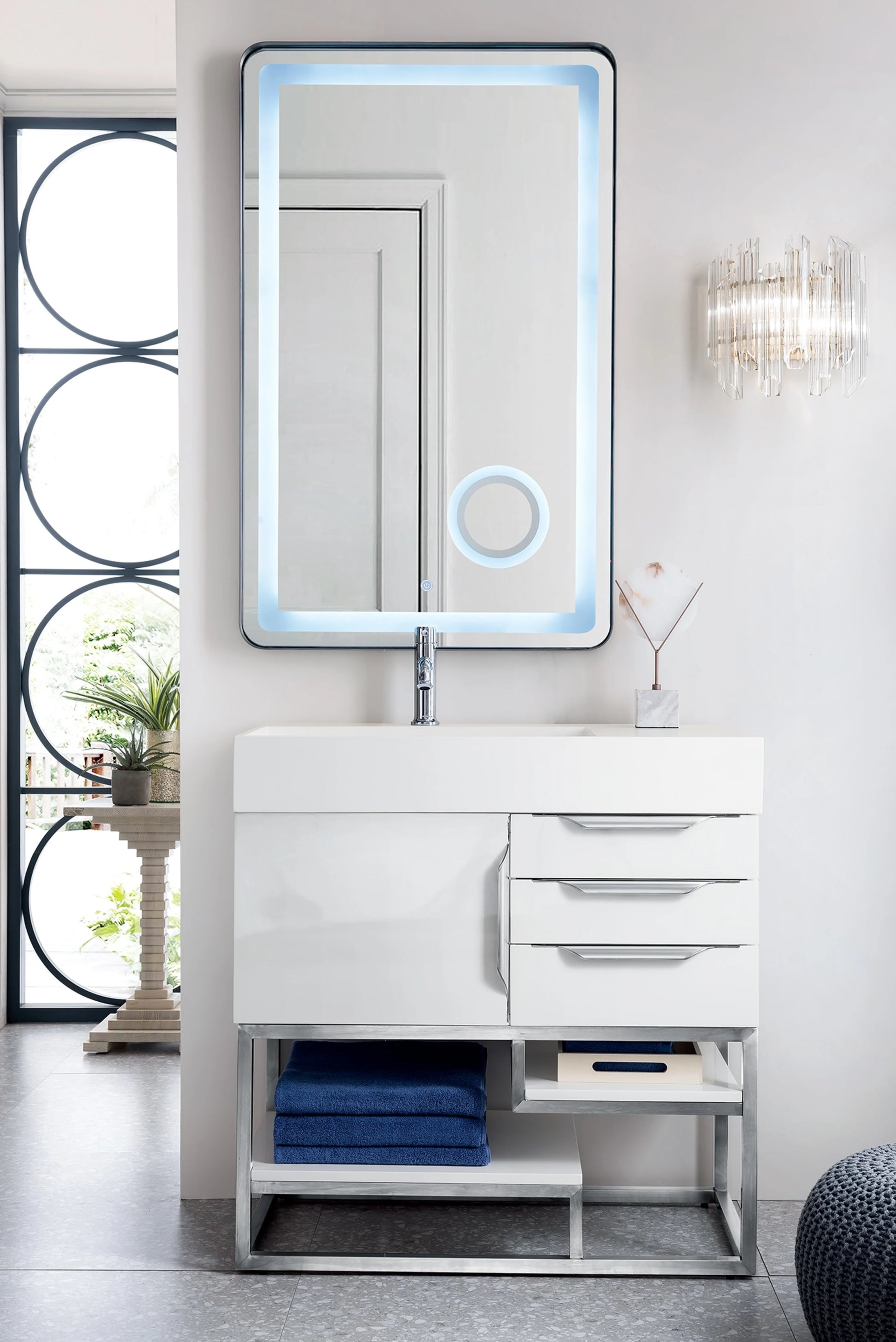 Renovate for Less Atlanta Columbia 36" Single Vanity, Glossy White, Brushed Nickel w/ Glossy White Composite Stone Top, view 2