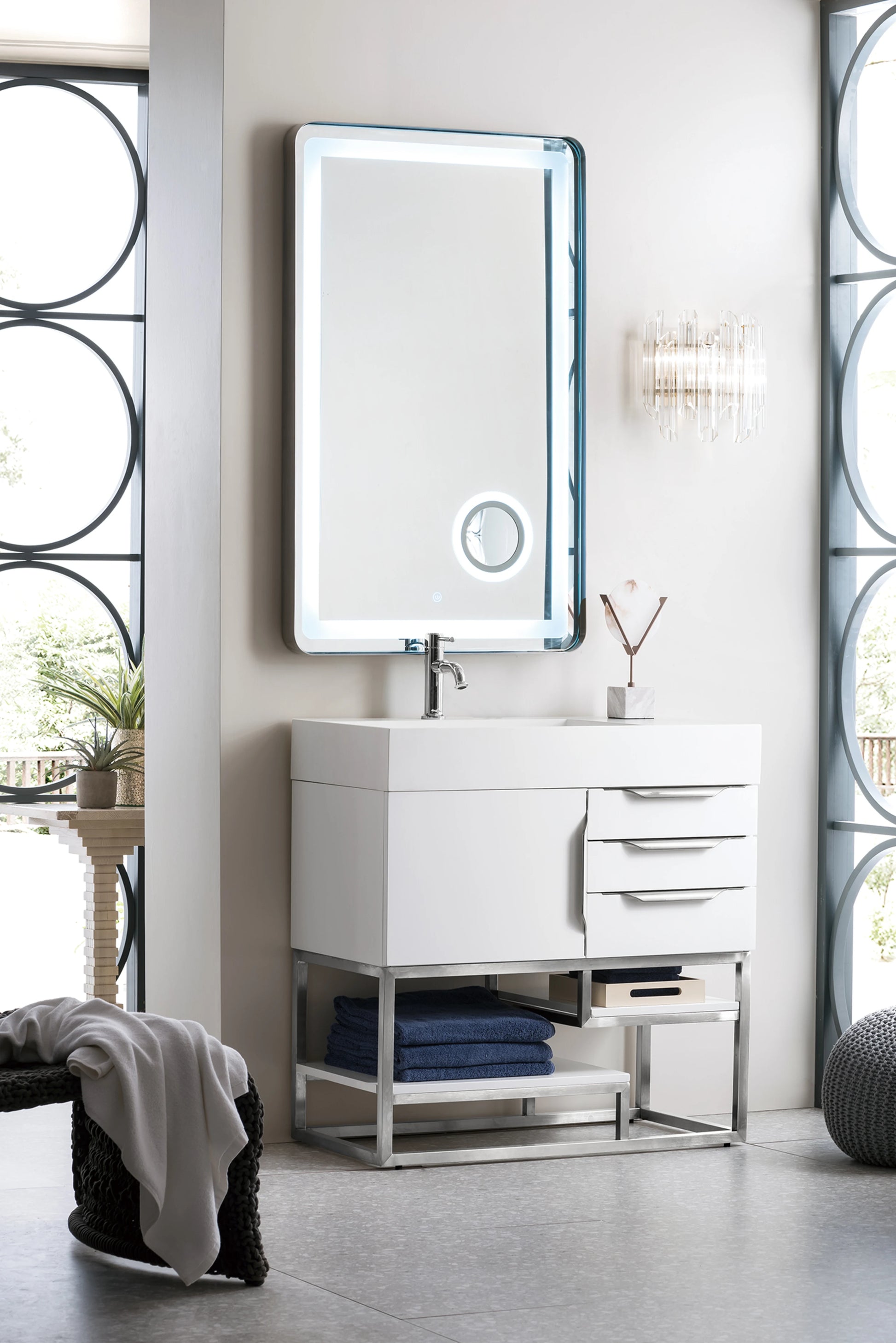 Renovate for Less Atlanta Columbia 36" Single Vanity, Glossy White, Brushed Nickel w/ Glossy White Composite Stone Top, view 3