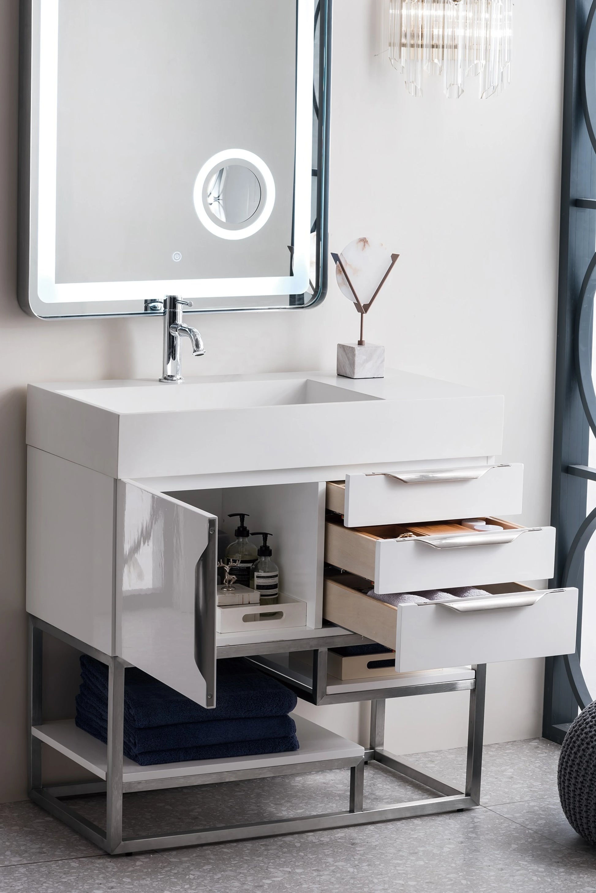 Renovate for Less Atlanta Columbia 36" Single Vanity, Glossy White, Brushed Nickel w/ Glossy White Composite Stone Top, view 4
