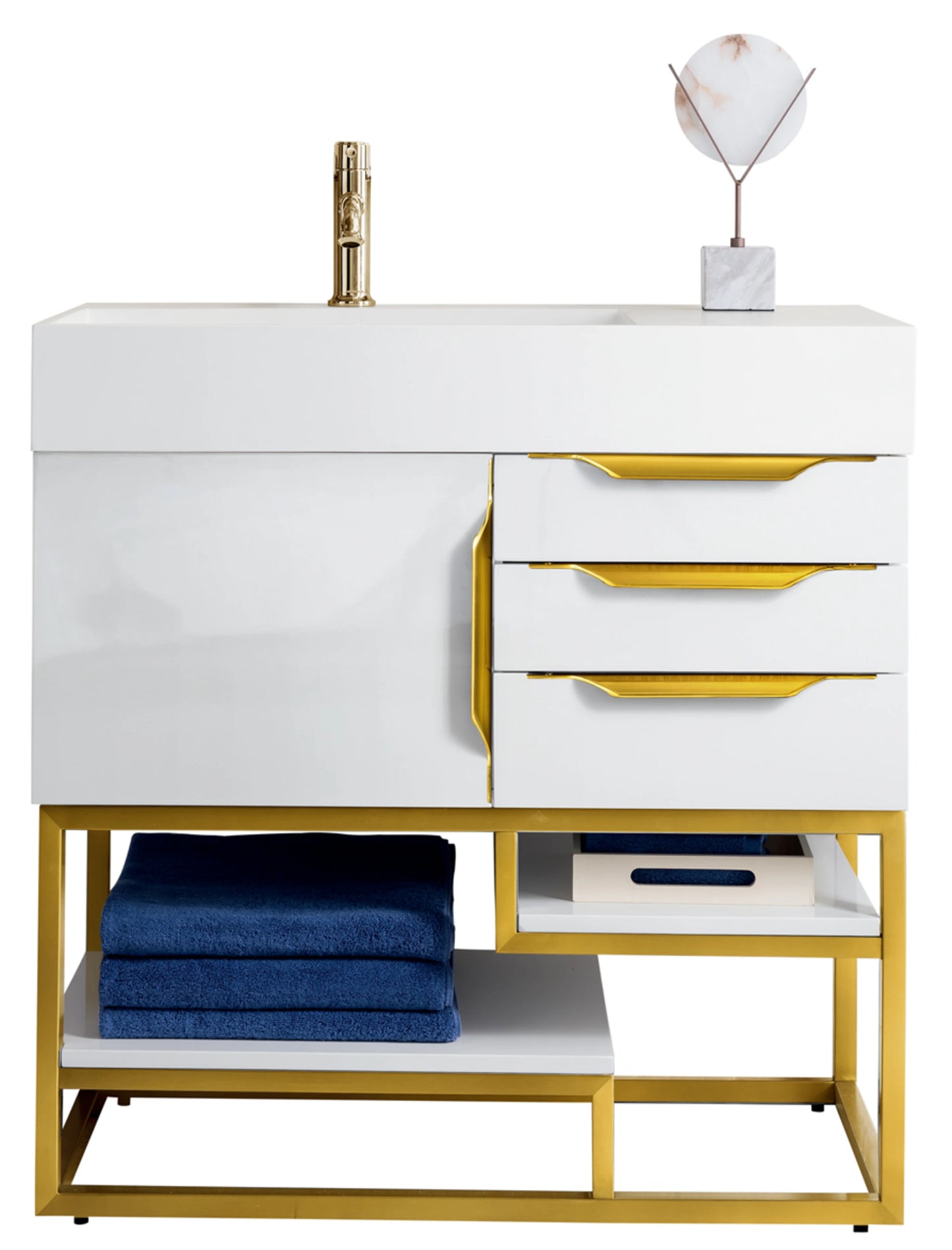 Renovate for Less Atlanta Columbia 36" Single Vanity, Glossy White, Radiant Gold w/ Glossy White Composite Stone Top