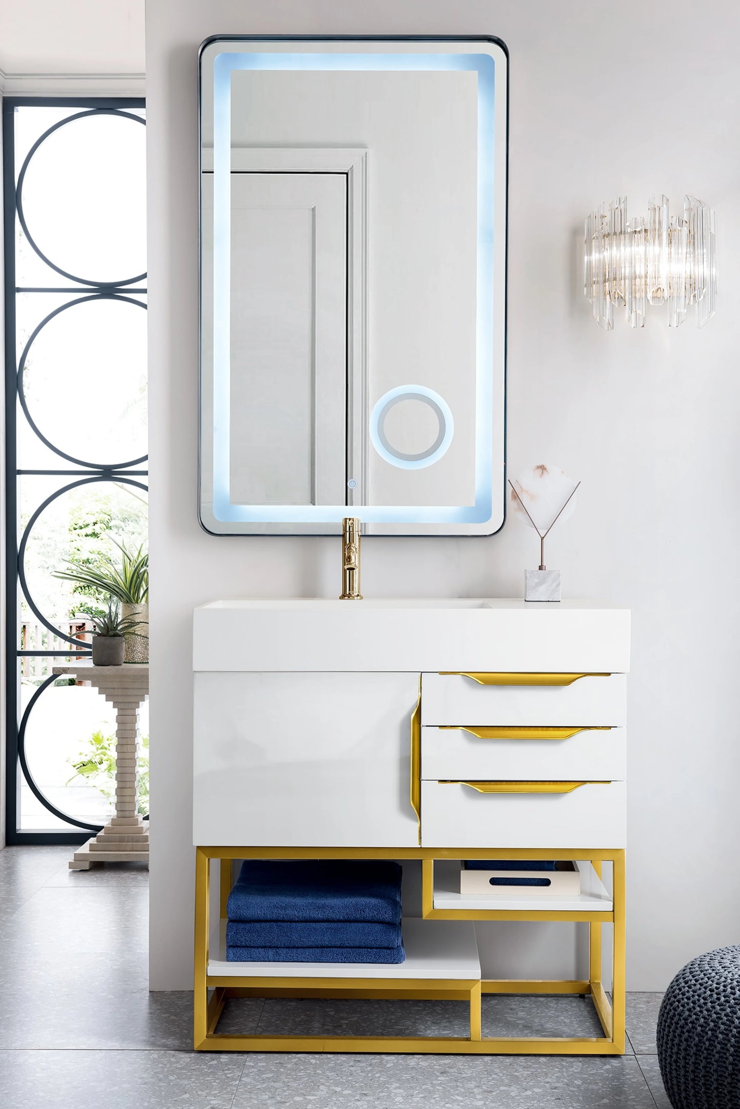 Renovate for Less Atlanta Columbia 36" Single Vanity, Glossy White, Radiant Gold w/ Glossy White Composite Stone Top, view 2