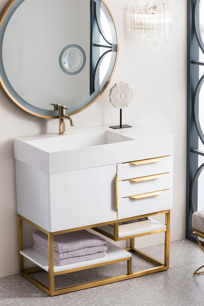 Renovate for Less Atlanta Columbia 36" Single Vanity, Glossy White, Radiant Gold w/ Glossy White Composite Stone Top, view 3