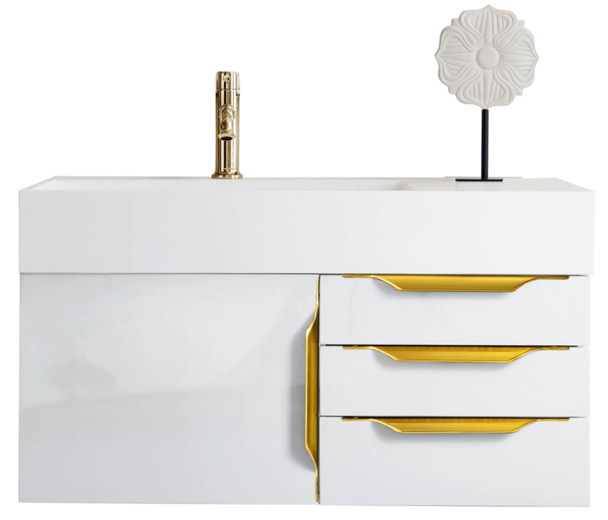 Renovate for Less Atlanta Columbia 36" Single Wall Mount Vanity, Glossy White, Radiant Gold w/ Glossy White Composite Stone Top