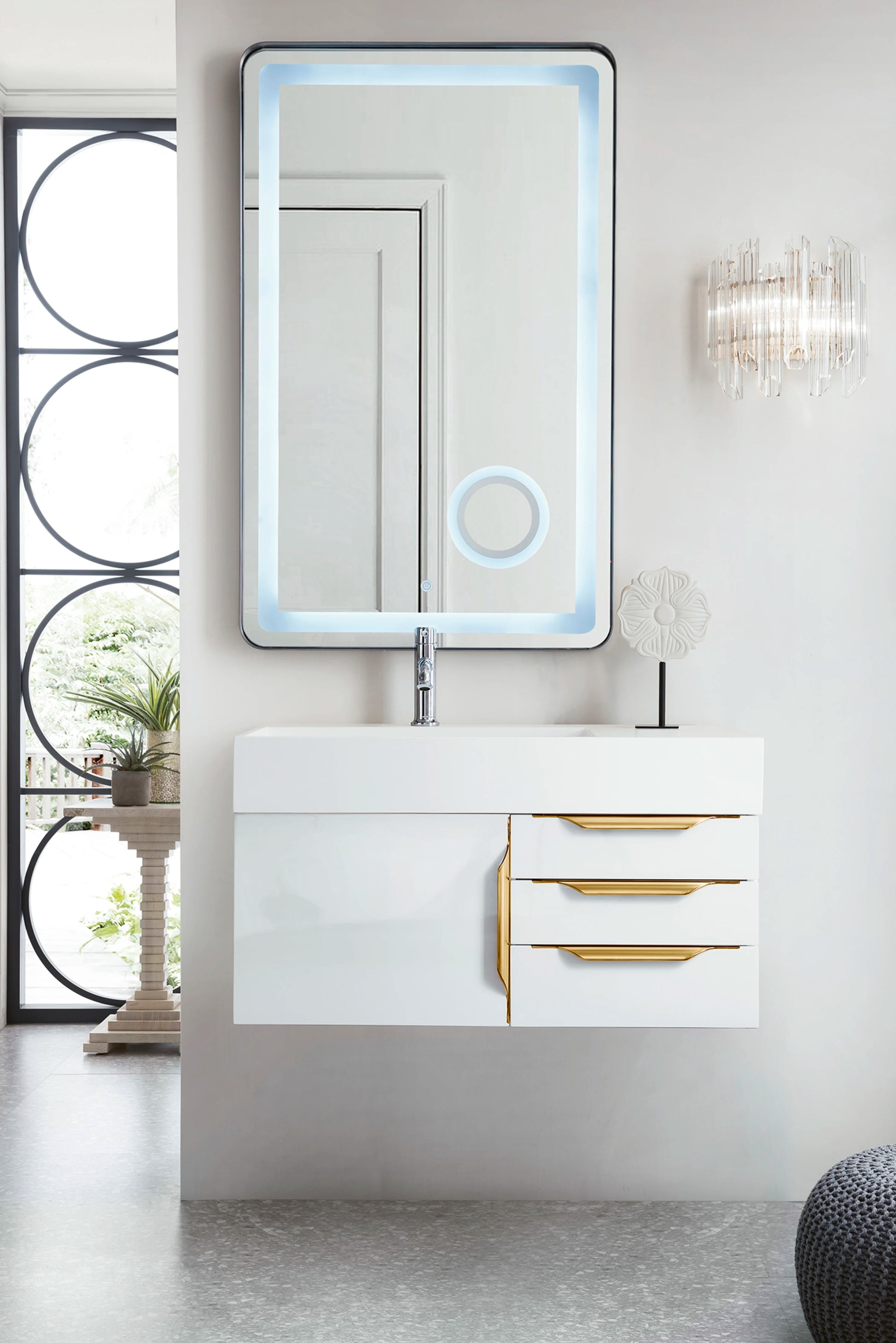 Renovate for Less Atlanta Columbia 36" Single Wall Mount Vanity, Glossy White, Radiant Gold w/ Glossy White Composite Stone Top, view 2