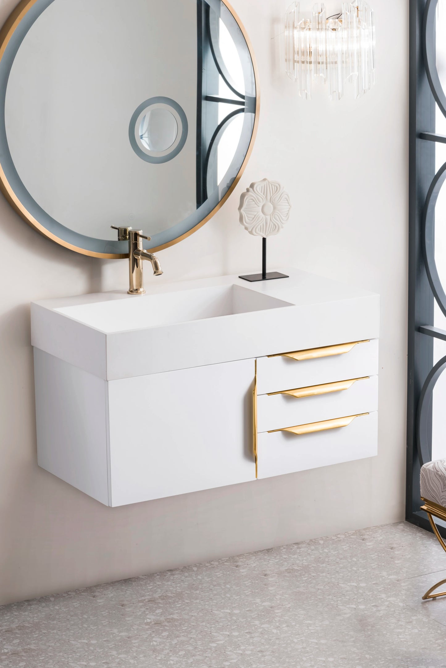 Renovate for Less Atlanta Columbia 36" Single Wall Mount Vanity, Glossy White, Radiant Gold w/ Glossy White Composite Stone Top, view 3