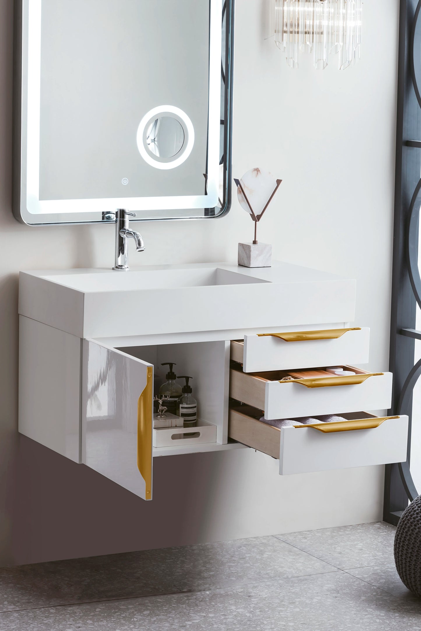 Renovate for Less Atlanta Columbia 36" Single Wall Mount Vanity, Glossy White, Radiant Gold w/ Glossy White Composite Stone Top, view 4