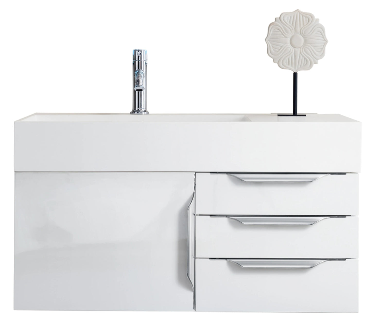 Renovate for Less Atlanta Columbia 36" Single Wall Mount Vanity, Glossy White, Brushed Nickel w/ Glossy White Composite Stone Top