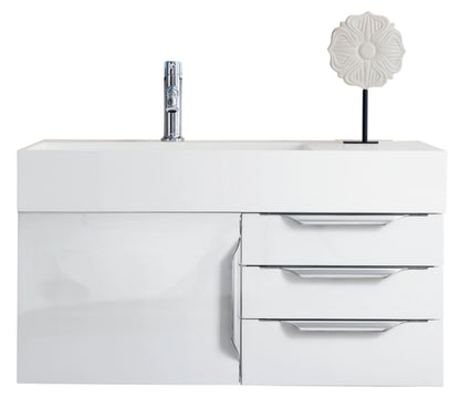 Renovate for Less Atlanta Columbia 36" Single Wall Mount Vanity, Glossy White, Brushed Nickel w/ Glossy White Composite Stone Top