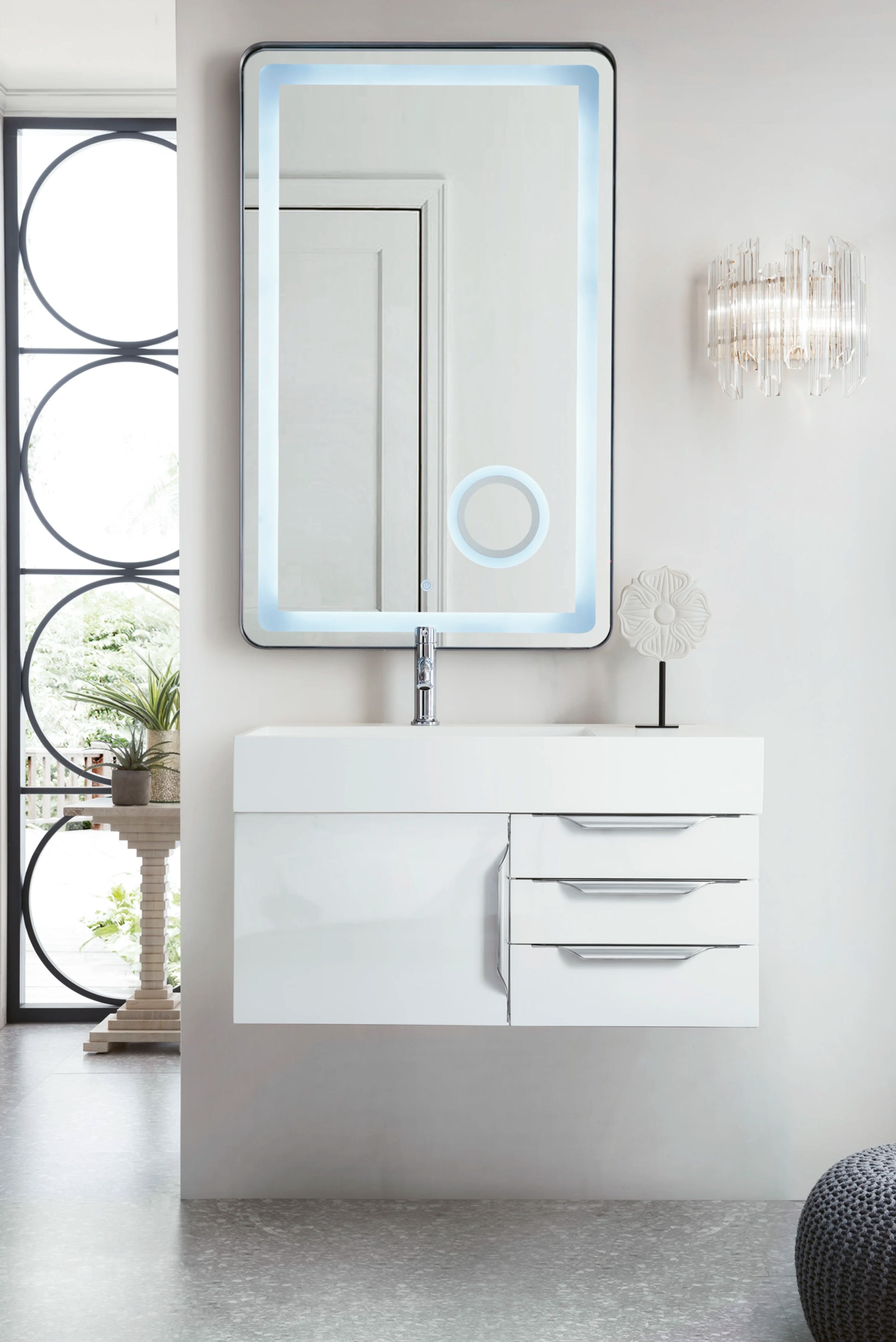 Renovate for Less Atlanta Columbia 36" Single Wall Mount Vanity, Glossy White, Brushed Nickel w/ Glossy White Composite Stone Top, view 2