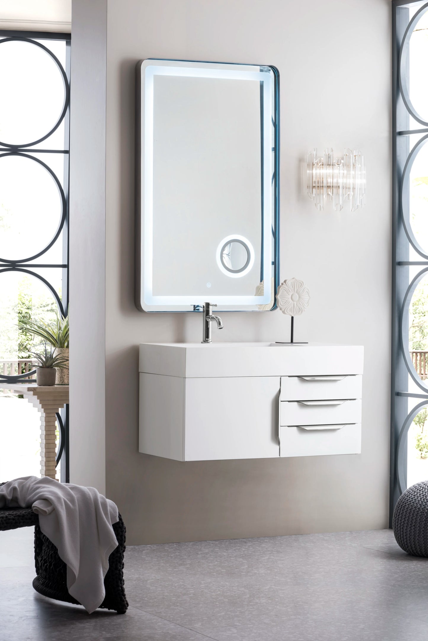 Renovate for Less Atlanta Columbia 36" Single Wall Mount Vanity, Glossy White, Brushed Nickel w/ Glossy White Composite Stone Top, view 3