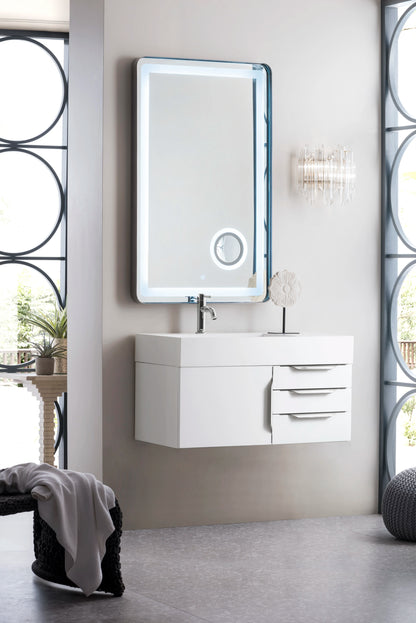 Renovate for Less Atlanta Columbia 36" Single Wall Mount Vanity, Glossy White, Brushed Nickel w/ Glossy White Composite Stone Top, view 3