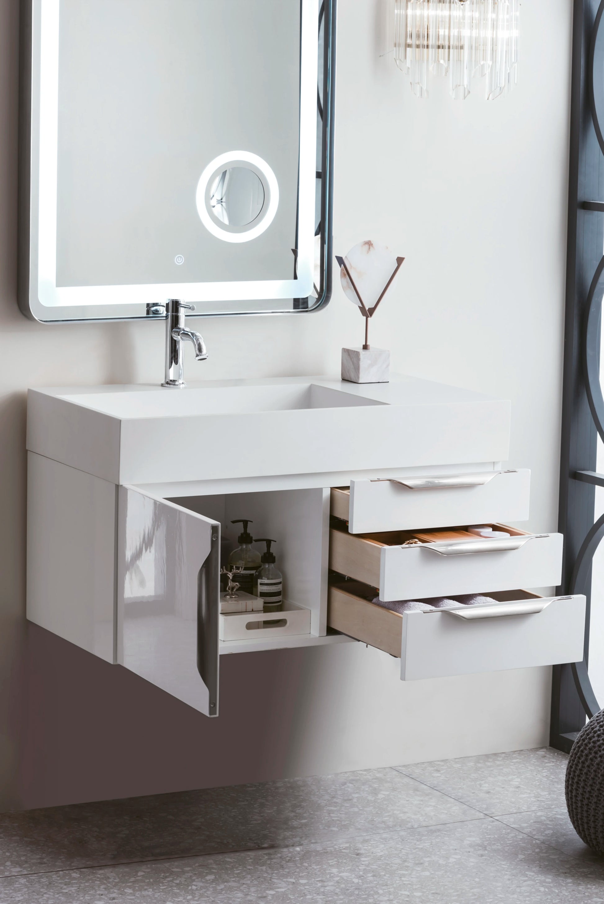 Renovate for Less Atlanta Columbia 36" Single Wall Mount Vanity, Glossy White, Brushed Nickel w/ Glossy White Composite Stone Top, view 4