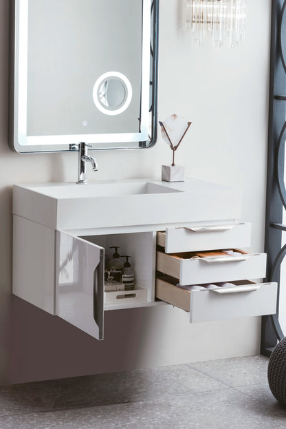 Renovate for Less Atlanta Columbia 36" Single Wall Mount Vanity, Glossy White, Brushed Nickel w/ Glossy White Composite Stone Top, view 4