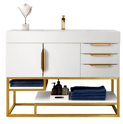 Renovate for Less Atlanta Columbia 48" Single Vanity, Glossy White, Radiant Gold w/ Glossy White Composite Stone Top