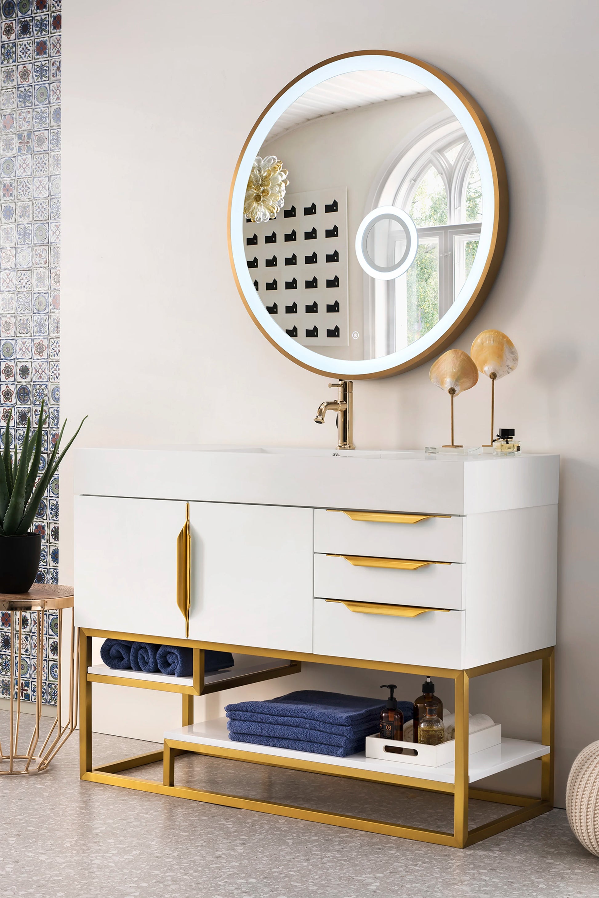 Renovate for Less Atlanta Columbia 48" Single Vanity, Glossy White, Radiant Gold w/ Glossy White Composite Stone Top, view 2