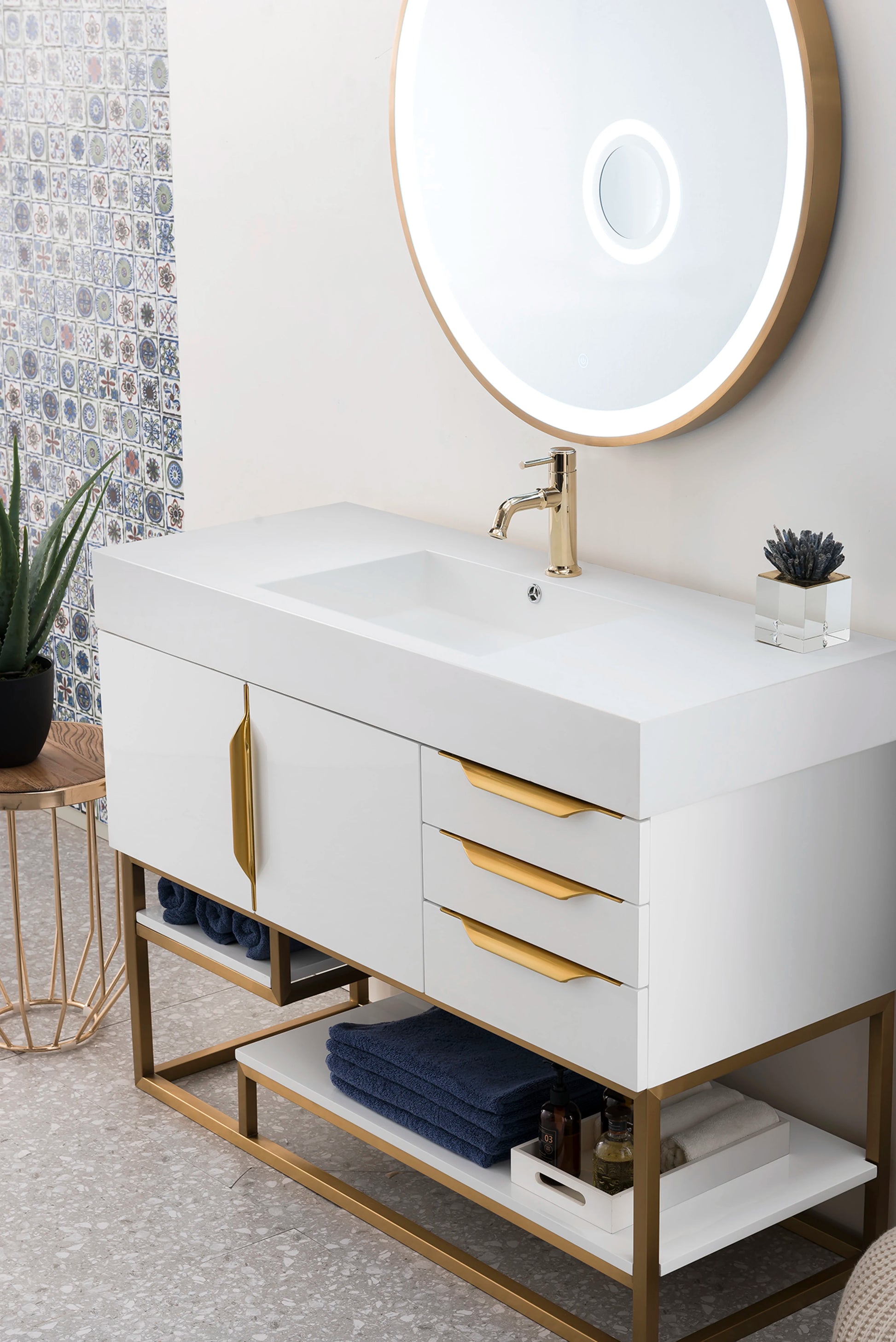 Renovate for Less Atlanta Columbia 48" Single Vanity, Glossy White, Radiant Gold w/ Glossy White Composite Stone Top, view 4