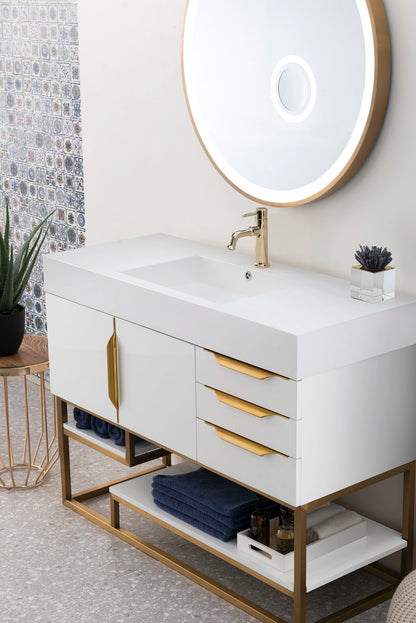 Renovate for Less Atlanta Columbia 48" Single Vanity, Glossy White, Radiant Gold w/ Glossy White Composite Stone Top, view 4