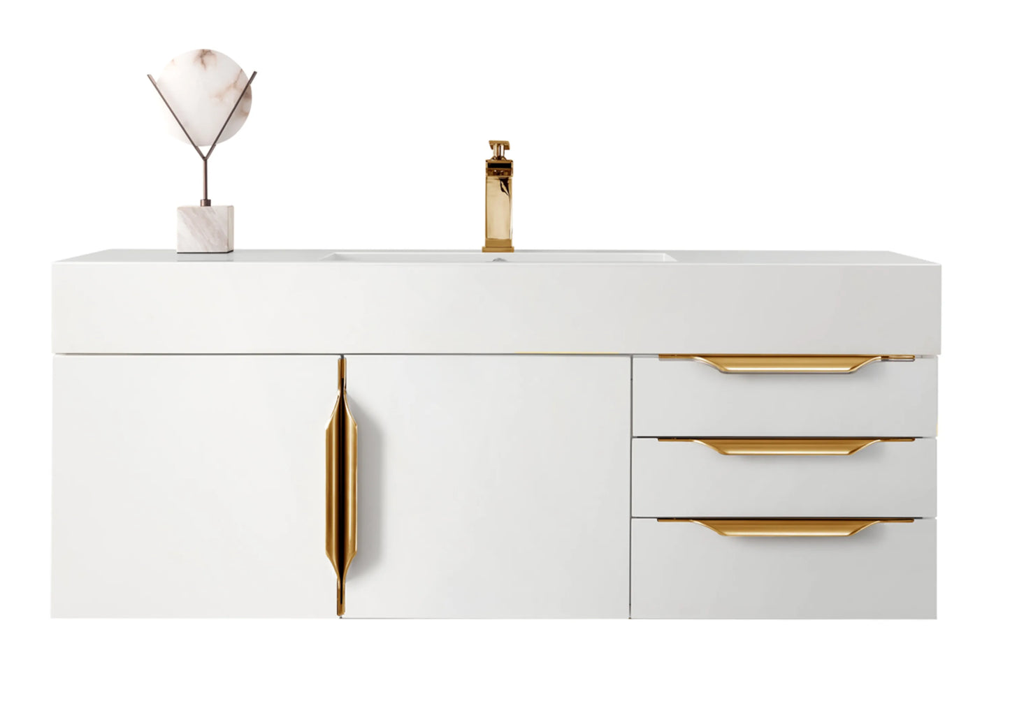 Renovate for Less Atlanta Columbia 48" Single Wall Mount Vanity, Glossy White, Radiant Gold w/ Glossy White Composite Stone Top