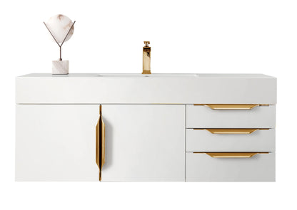 Renovate for Less Atlanta Columbia 48" Single Wall Mount Vanity, Glossy White, Radiant Gold w/ Glossy White Composite Stone Top