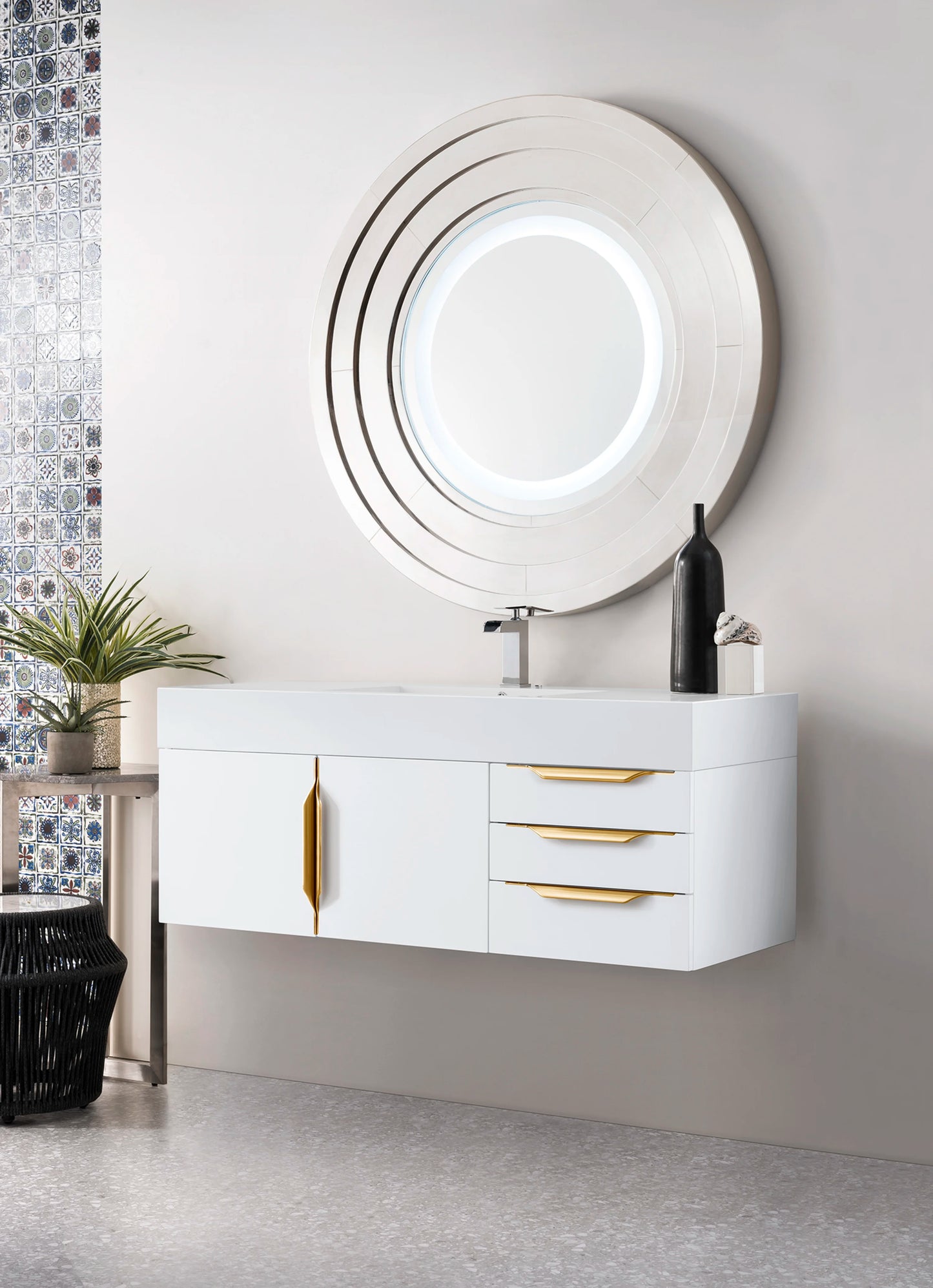 Renovate for Less Atlanta Columbia 48" Single Wall Mount Vanity, Glossy White, Radiant Gold w/ Glossy White Composite Stone Top, view 3