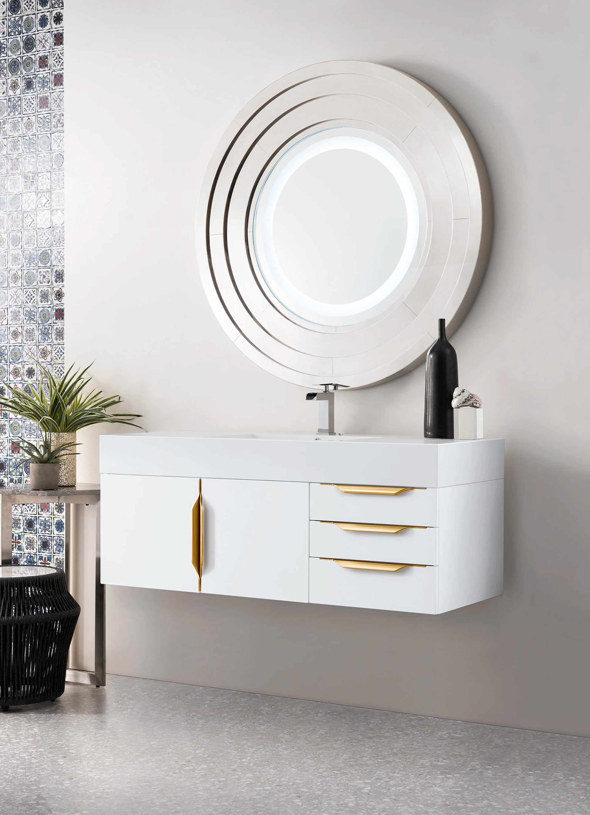 Renovate for Less Atlanta Columbia 48" Single Wall Mount Vanity, Glossy White, Radiant Gold w/ Glossy White Composite Stone Top, view 3
