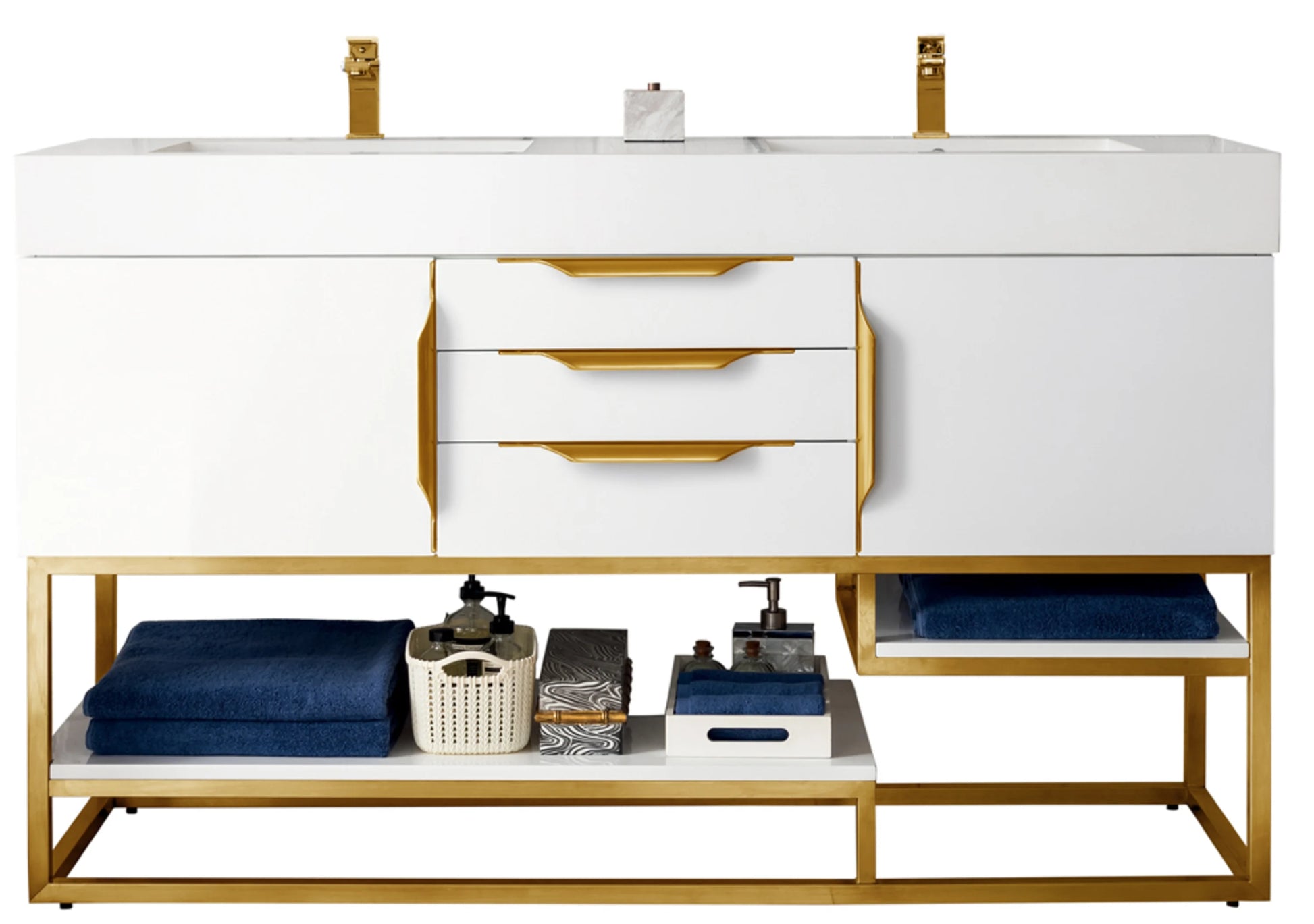 Renovate for Less Atlanta Columbia 59" Double Vanity, Glossy White, Radiant Gold w/ Glossy White Composite Stone Top