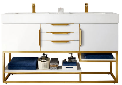 Renovate for Less Atlanta Columbia 59" Double Vanity, Glossy White, Radiant Gold w/ Glossy White Composite Stone Top