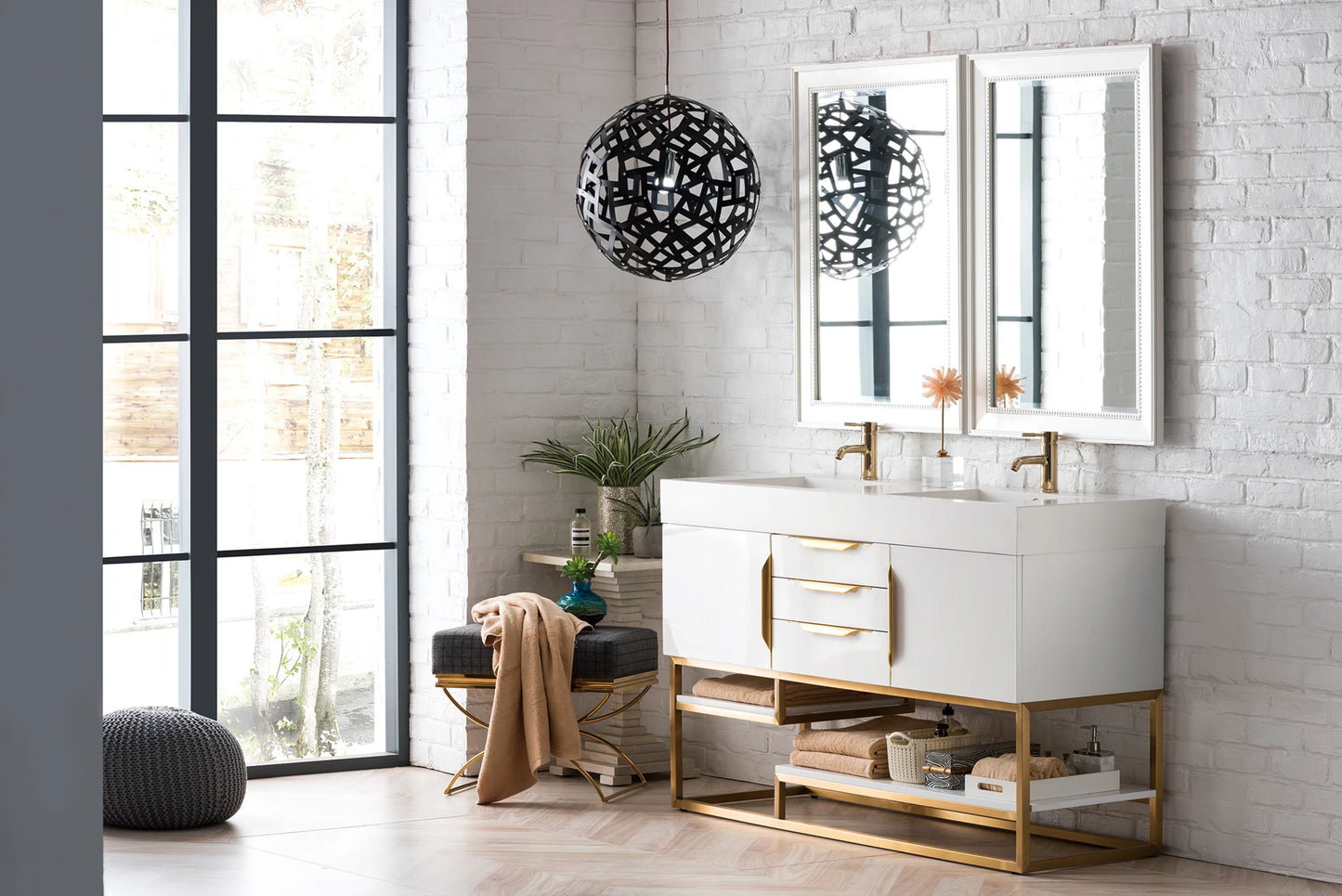 Renovate for Less Atlanta Columbia 59" Double Vanity, Glossy White, Radiant Gold w/ Glossy White Composite Stone Top, view 2