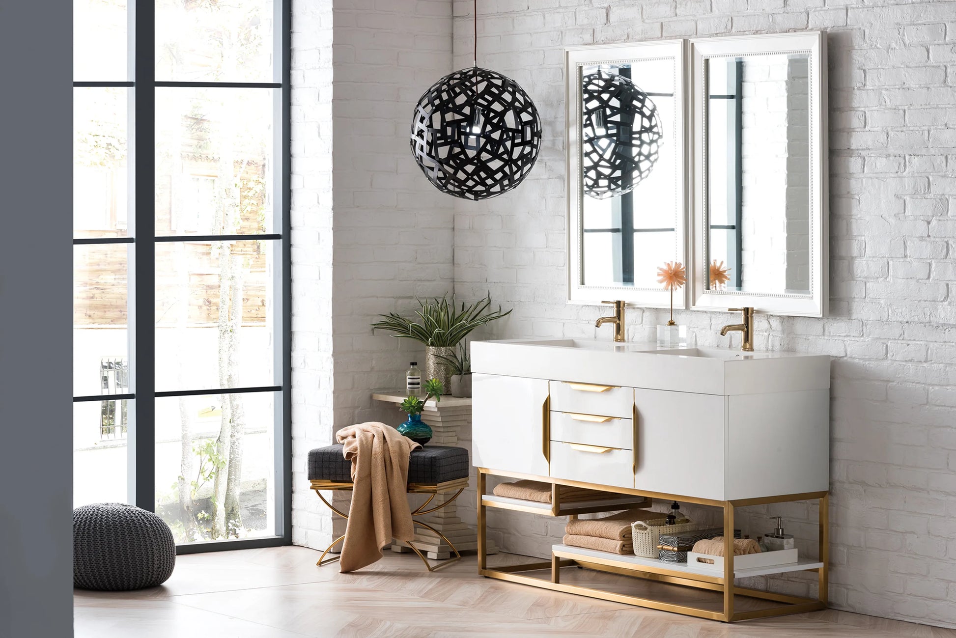 Renovate for Less Atlanta Columbia 59" Double Vanity, Glossy White, Radiant Gold w/ Glossy White Composite Stone Top, view 2