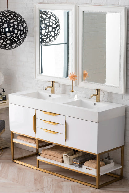Renovate for Less Atlanta Columbia 59" Double Vanity, Glossy White, Radiant Gold w/ Glossy White Composite Stone Top, view 4