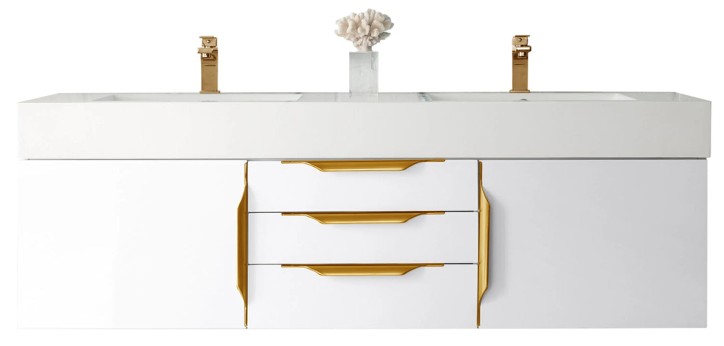 Renovate for Less Atlanta Columbia 59" Double Wall Mount Vanity, Glossy White, Radiant Gold w/ Glossy White Composite Stone Top