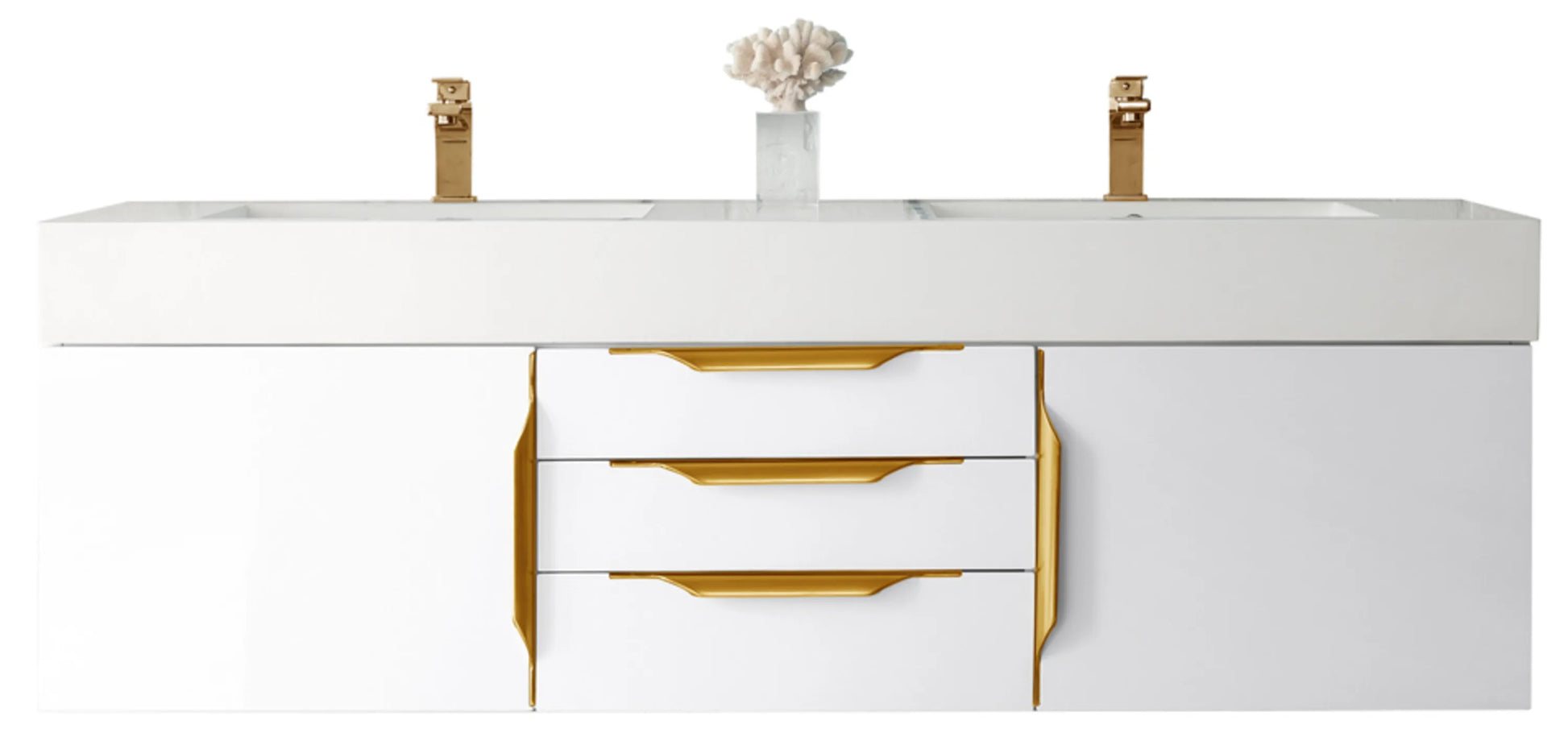 Renovate for Less Atlanta Columbia 59" Double Wall Mount Vanity, Glossy White, Radiant Gold w/ Glossy White Composite Stone Top