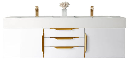 Renovate for Less Atlanta Columbia 59" Double Wall Mount Vanity, Glossy White, Radiant Gold w/ Glossy White Composite Stone Top