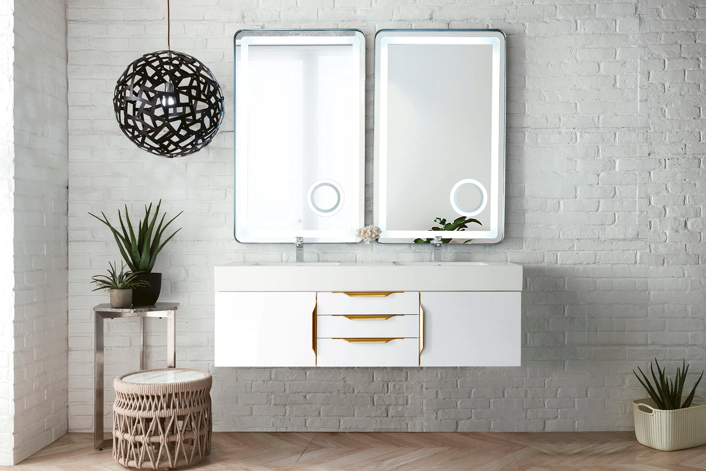 Renovate for Less Atlanta Columbia 59" Double Wall Mount Vanity, Glossy White, Radiant Gold w/ Glossy White Composite Stone Top, view 2
