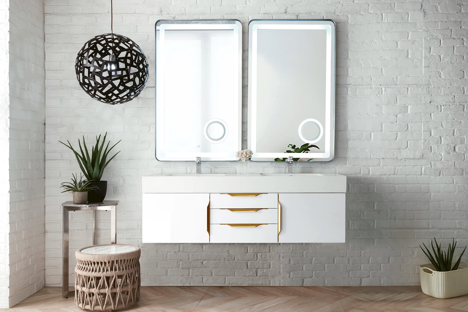Renovate for Less Atlanta Columbia 59" Double Wall Mount Vanity, Glossy White, Radiant Gold w/ Glossy White Composite Stone Top, view 2