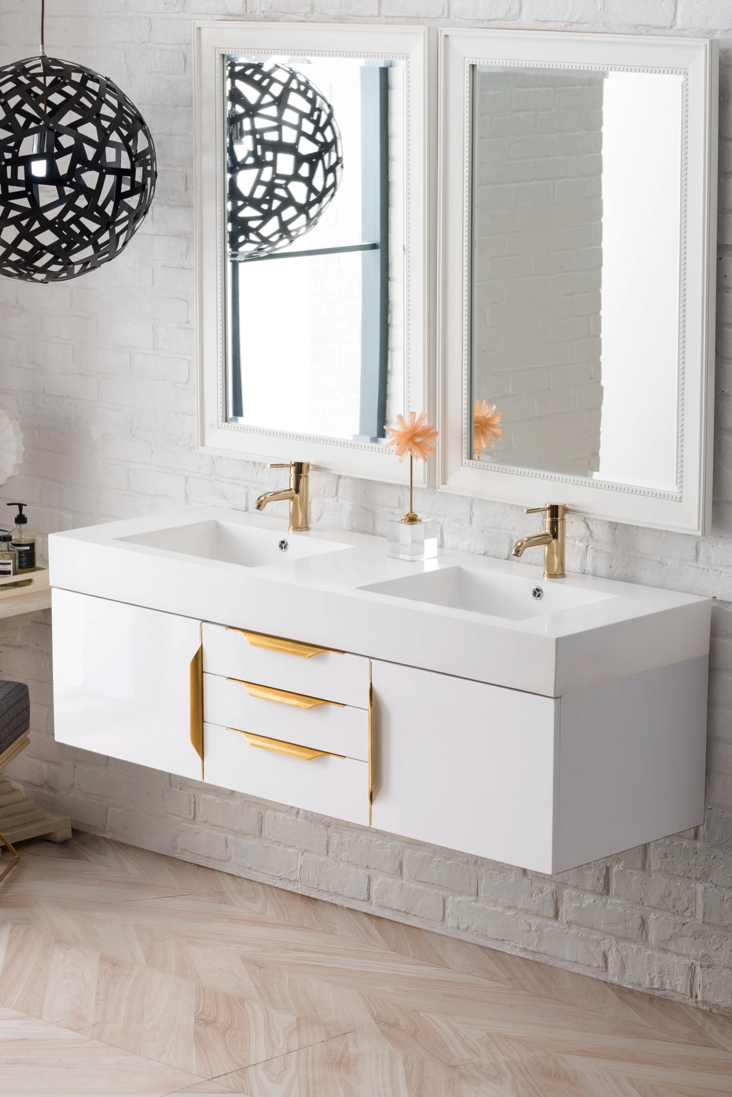 Renovate for Less Atlanta Columbia 59" Double Wall Mount Vanity, Glossy White, Radiant Gold w/ Glossy White Composite Stone Top, view 3