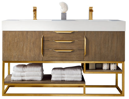 Renovate for Less Atlanta Columbia 59" Double Vanity, Latte Oak, Radiant Gold w/ Glossy White Composite Stone Top