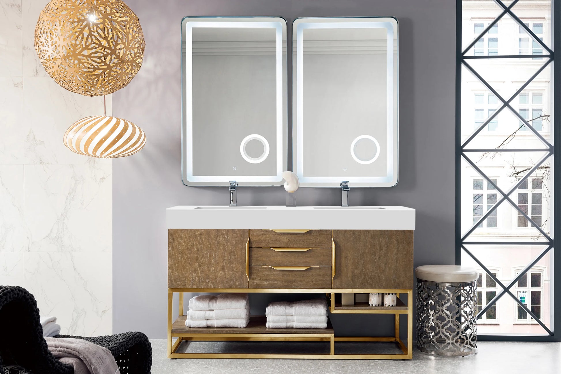 Renovate for Less Atlanta Columbia 59" Double Vanity, Latte Oak, Radiant Gold w/ Glossy White Composite Stone Top, view 2