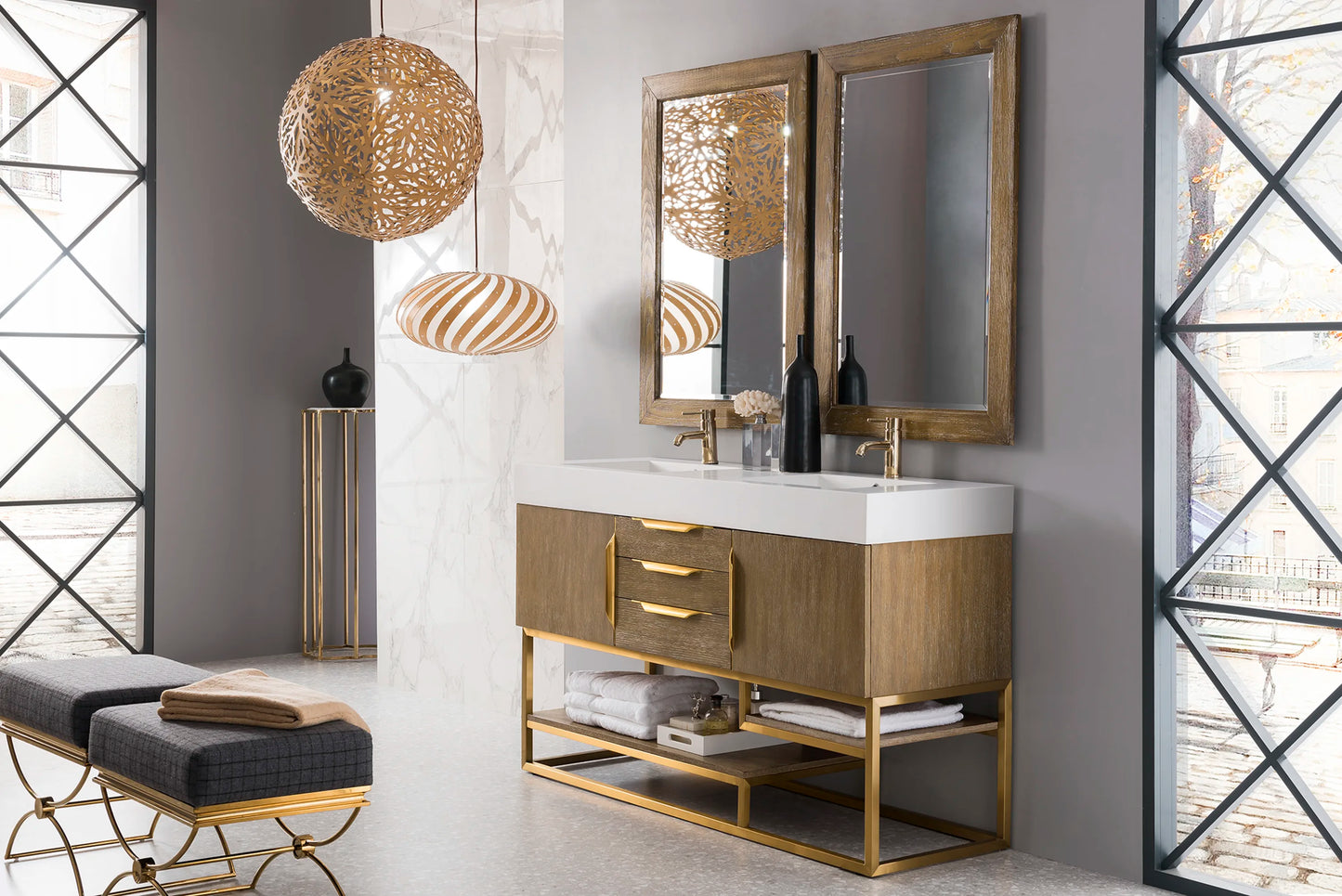 Renovate for Less Atlanta Columbia 59" Double Vanity, Latte Oak, Radiant Gold w/ Glossy White Composite Stone Top, view 3