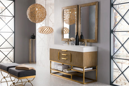 Renovate for Less Atlanta Columbia 59" Double Vanity, Latte Oak, Radiant Gold w/ Glossy White Composite Stone Top, view 3
