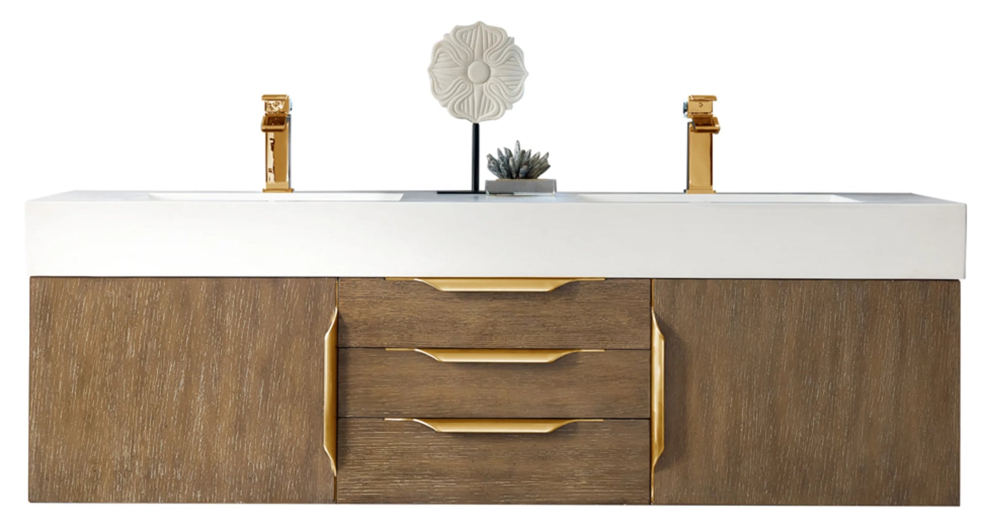 Renovate for Less Atlanta Columbia 59" Double Wall Mount Vanity, Latte Oak, Radiant Gold w/ Glossy White Composite Stone Top