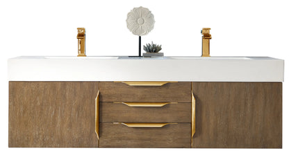 Renovate for Less Atlanta Columbia 59" Double Wall Mount Vanity, Latte Oak, Radiant Gold w/ Glossy White Composite Stone Top