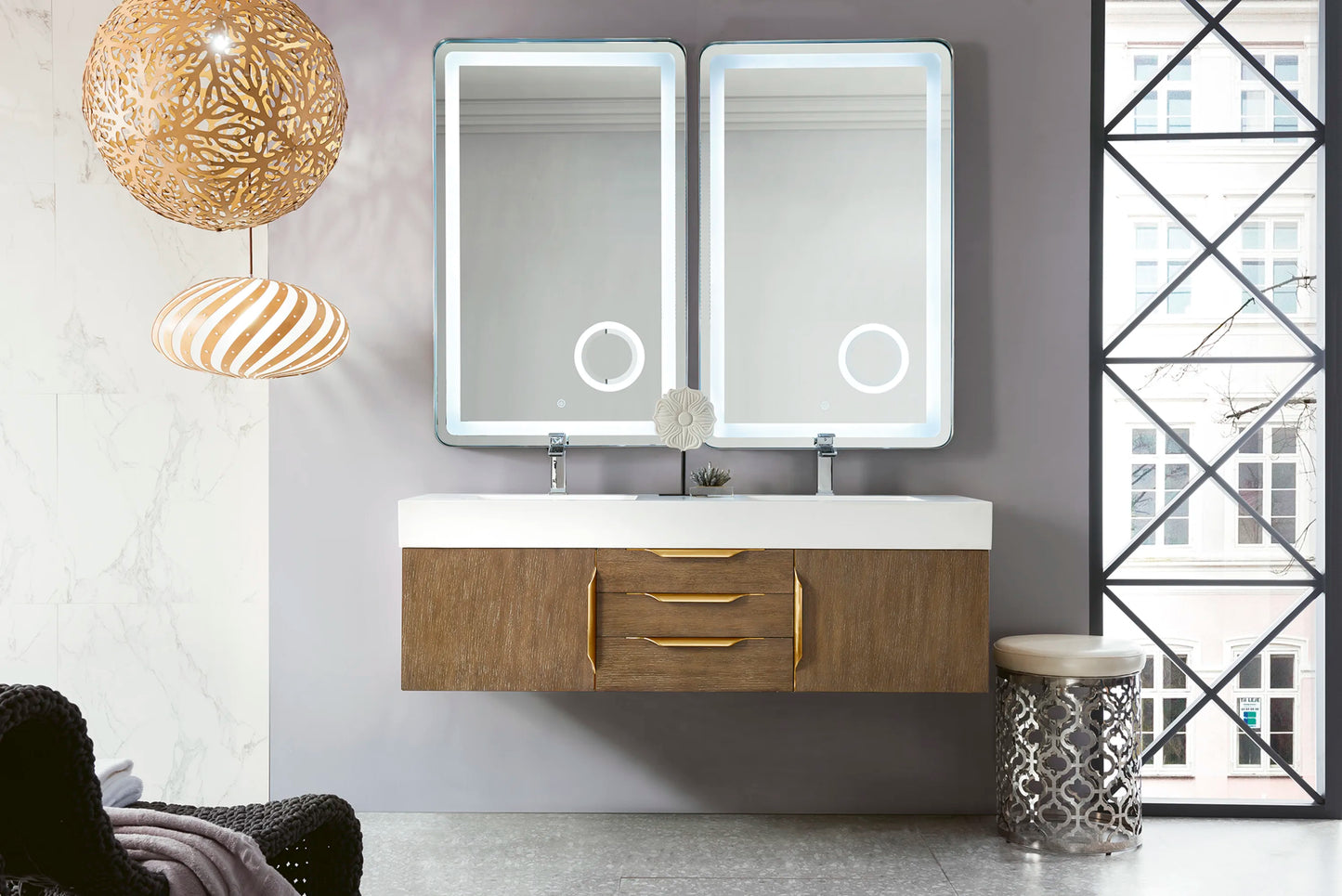 Renovate for Less Atlanta Columbia 59" Double Wall Mount Vanity, Latte Oak, Radiant Gold w/ Glossy White Composite Stone Top, view 2