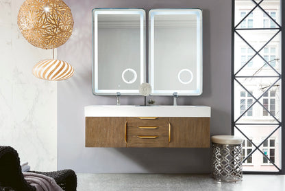 Renovate for Less Atlanta Columbia 59" Double Wall Mount Vanity, Latte Oak, Radiant Gold w/ Glossy White Composite Stone Top, view 2