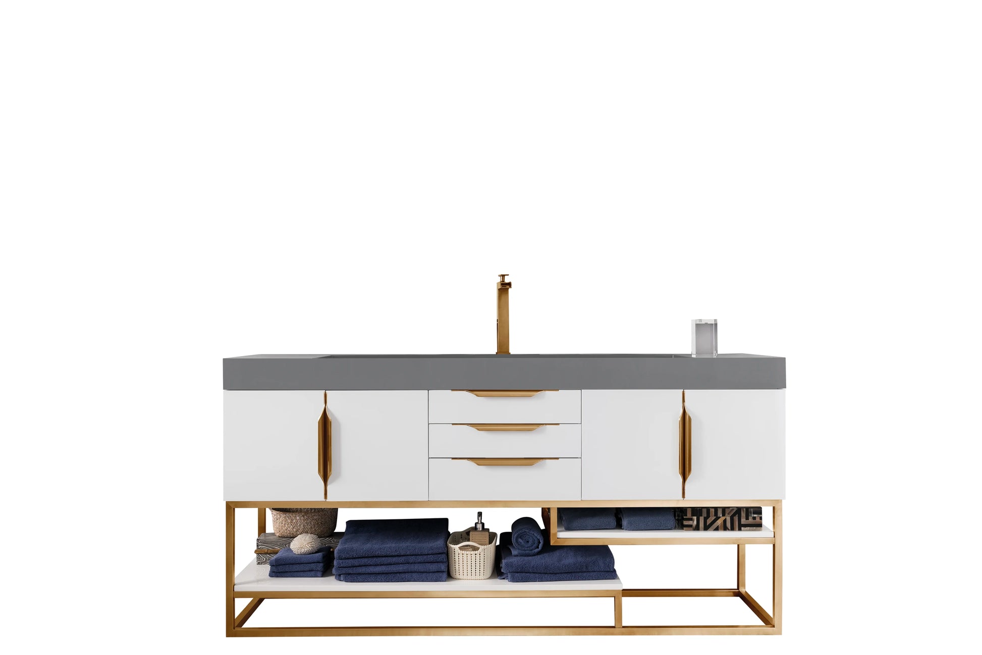 Renovate for Less Atlanta Columbia 72" Single Vanity, Glossy White, Radiant Gold w/ Dusk Grey Glossy Composite Stone Top