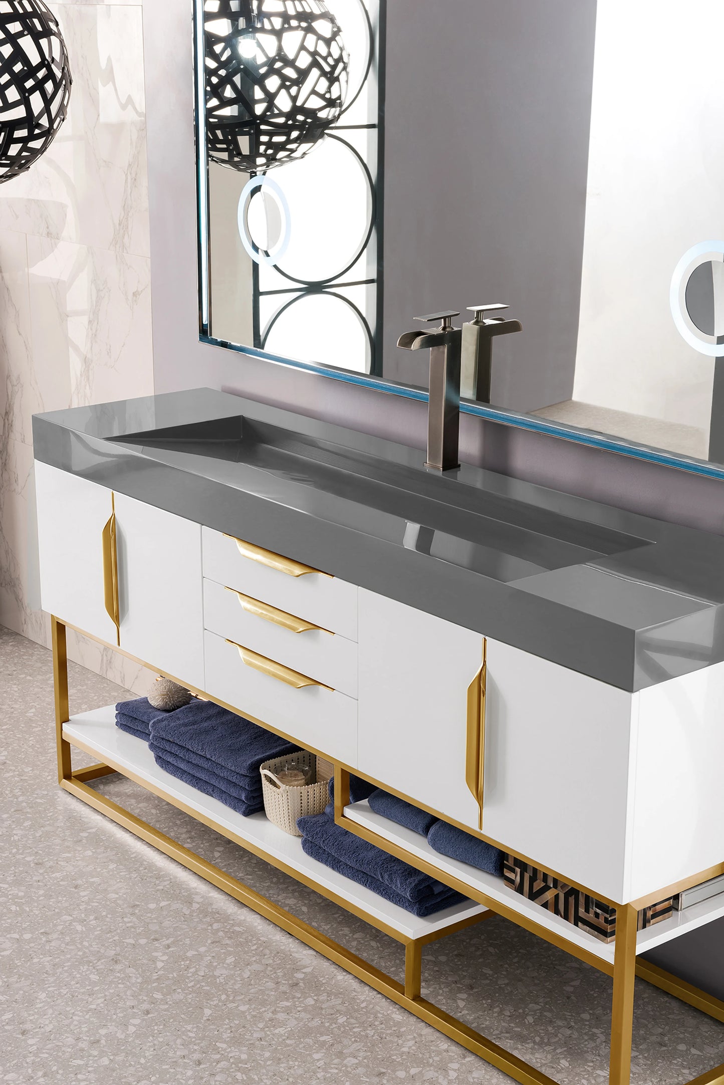Renovate for Less Atlanta Columbia 72" Single Vanity, Glossy White, Radiant Gold w/ Dusk Grey Glossy Composite Stone Top, view 2