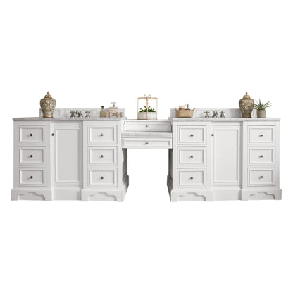 De Soto 118" Double Vanity Set, Bright White w/ 3 CM Carrara Marble Top