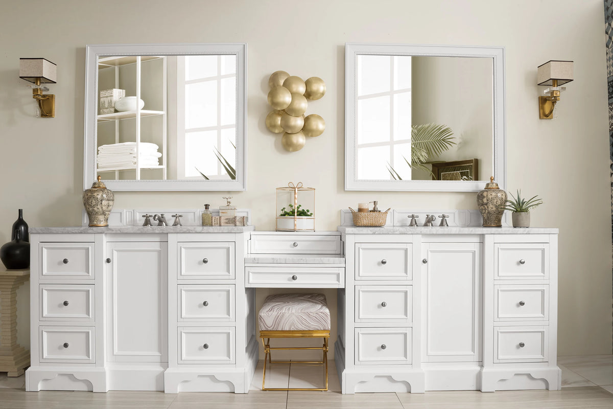De Soto 118" Double Vanity Set, Bright White w/ 3 CM Carrara Marble Top, view 2
