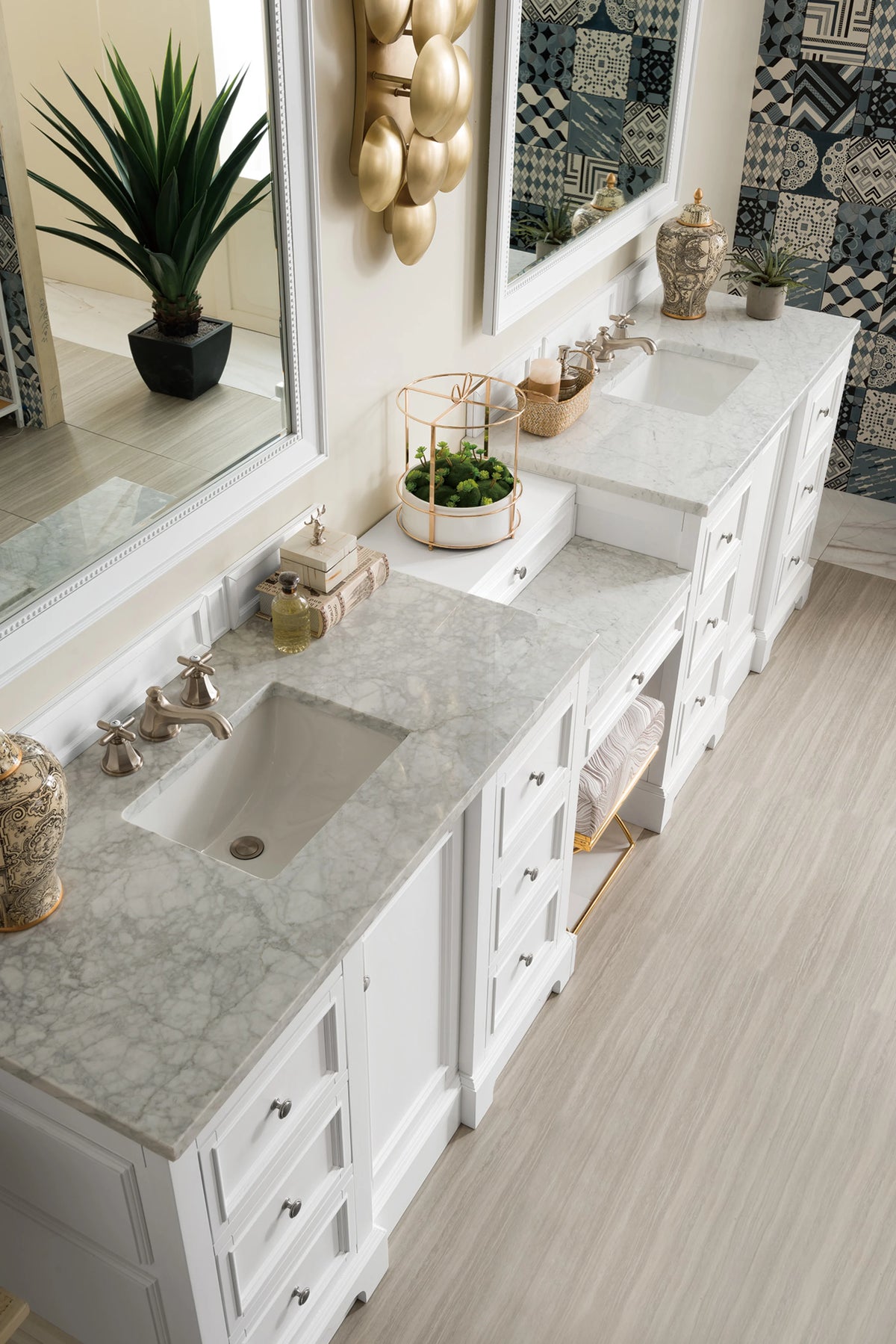De Soto 118" Double Vanity Set, Bright White w/ 3 CM Carrara Marble Top, view 5