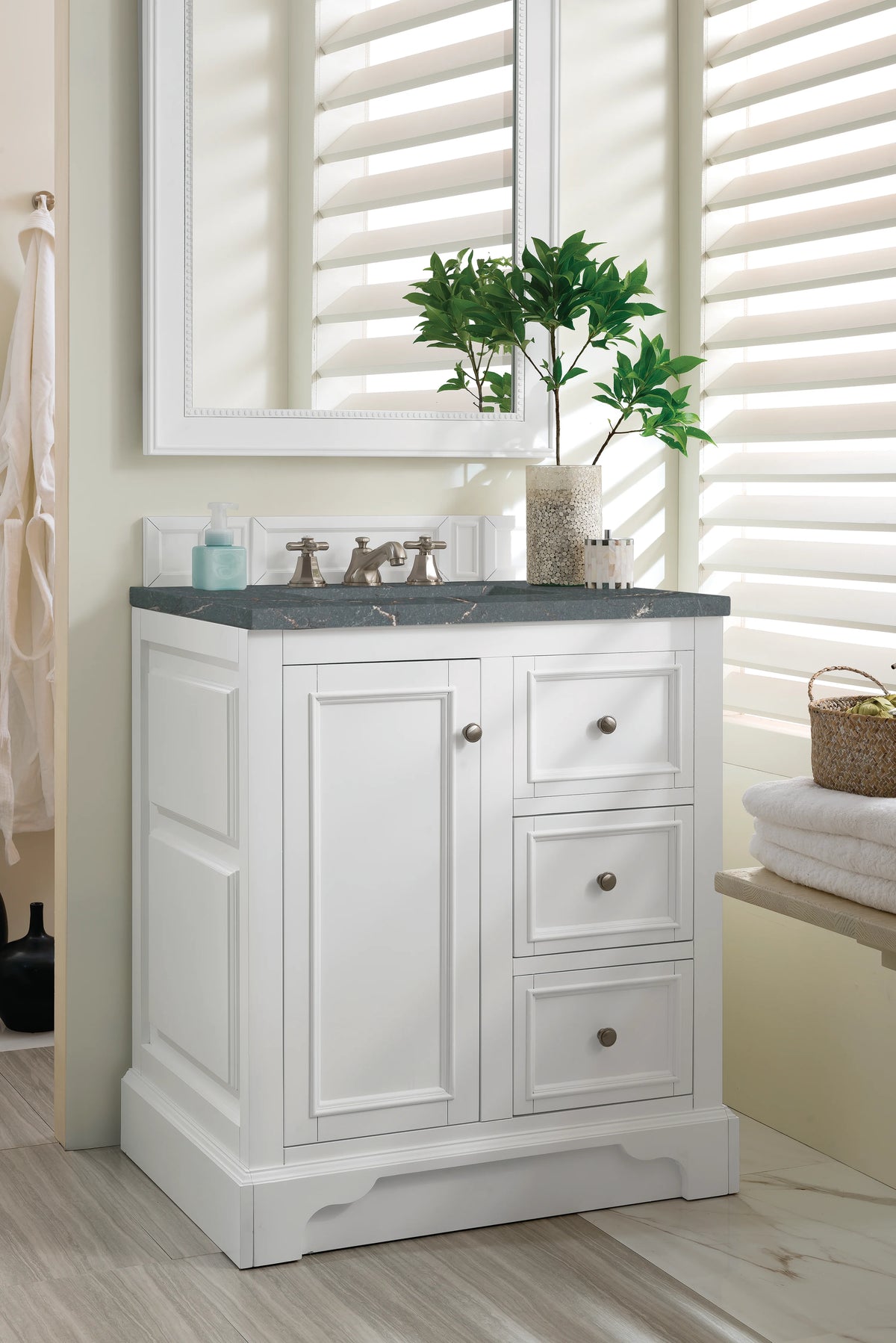 De Soto 30" Single Vanity, Bright White w/ 3 CM Parisien Bleu Silestone Top, view 4